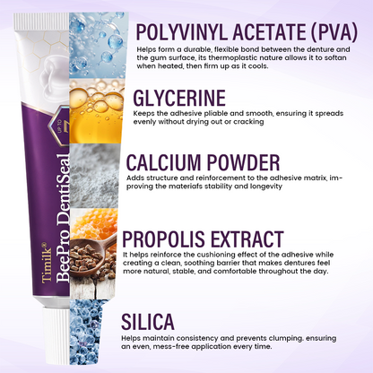 Timilk® BeePro DentiSeal Denture Adhesive🦷🐝💜 FDA Certified (Clinically Proven 96-Hour Lock Hold with Bee Propolis Gum Comfort for Secure, Comfortable & Zinc-Free Denture Fit)